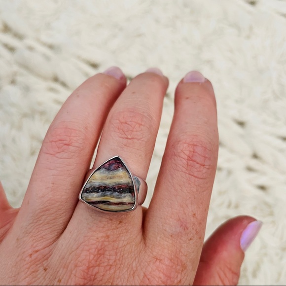 🌈 Triangular Alaskan RAINBOW JASPER Ring, Set in Sterling Silver - Picture 10 of 16